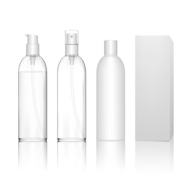 Şeffaf plastik şişe, sprey, şeker pompası. Jöle, losyon, şampuan, banyo köpüğü ve cilt bakımı için sıvı konteynır. Güzellik ürünleri paketi. Vektör illüstrasyonu.