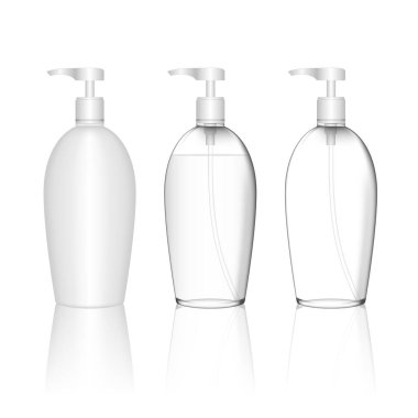 Pompalı kozmetik plastik şişe. Jöle, sıvı, losyon, krem, şampuan, banyo köpüğü için deri bakım şişeleri. Güzellik ürünü paketi, vektör illüstrasyonu.