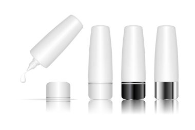 Kozmetik plastik tüp beyaz arka planda izole edilmiş. Jöle, sıvı, losyon, krem, güneş kremi için cilt bakımı şişeleri. Güzellik ürünü paketi, vektör illüstrasyonu.