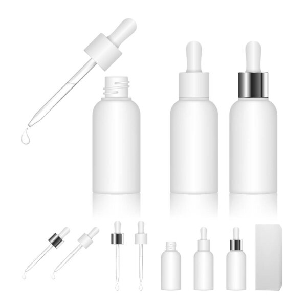 Косметическая бутылка с капельницей изолированы на белом фоне. Упаковка косметики. Векторная иллюстрация
