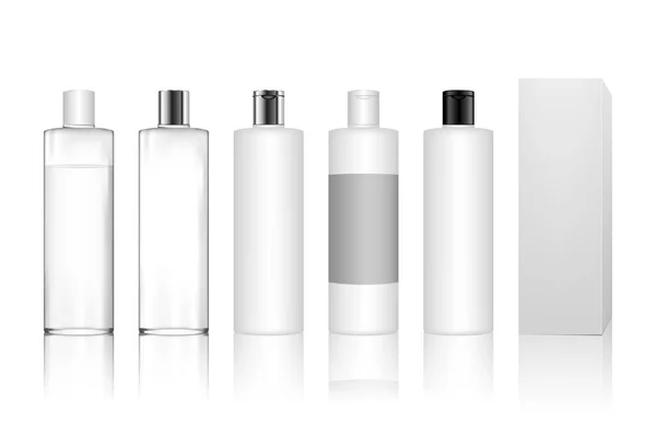 Bottiglia Plastica Cosmetica Con Scatola Isolata Sfondo Bianco Contenitore Liquido — Vettoriale Stock