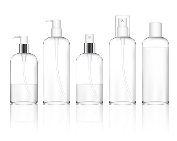 Косметическая пластиковая бутылка с различными колпачками (спрей, дозатор насос). Бутылки для ухода за кожей для геля, жидкости, лосьона, крема, шампуня, пены для ванны. Упаковка косметики (прозрачная). Векторная иллюстрация
.