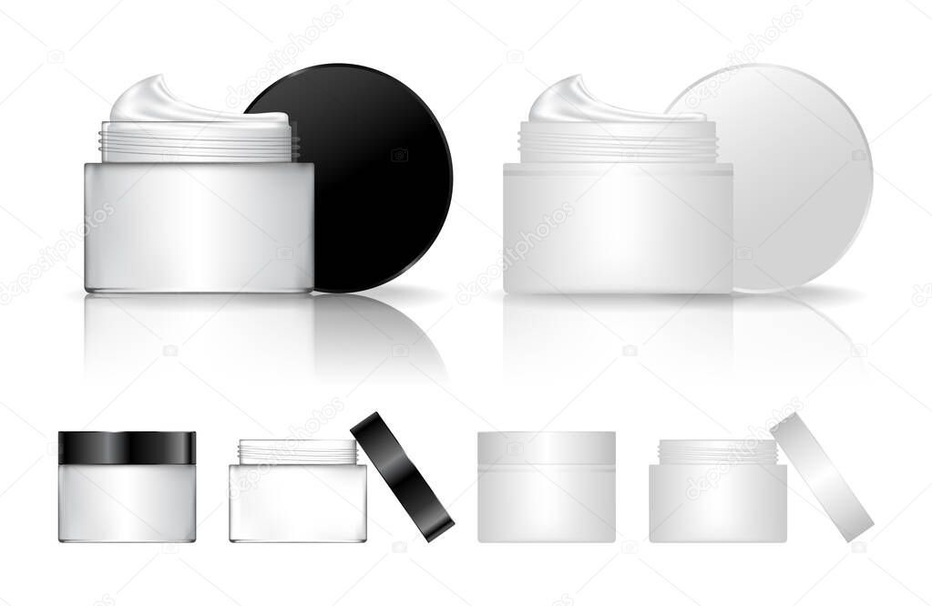 Cream jar isolated on white background. Transparent cosmetic bottle. Beauty product package, vector illustration.