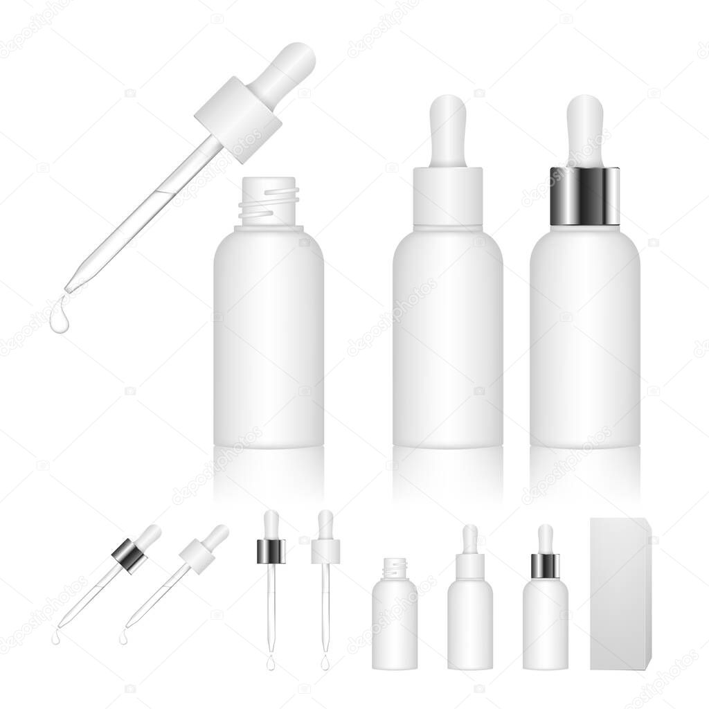 Cosmetic bottle with dropper isolated on white background. Beauty product package. Vector illustration