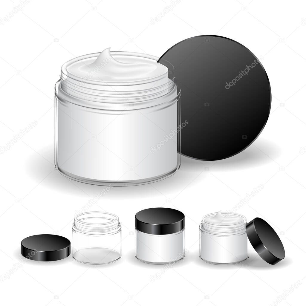 Cream jar isolated on white background. Transparent cosmetic glass bottle. Beauty product package, vector illustration.