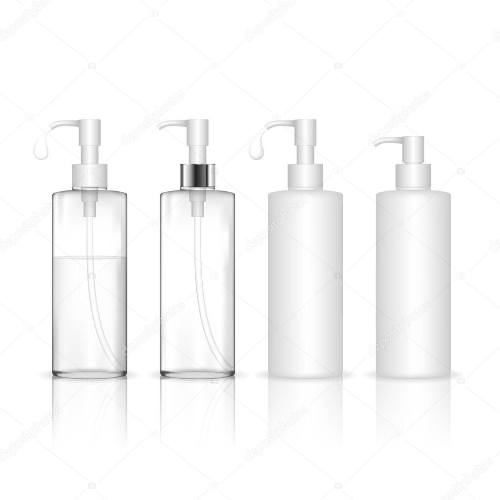 Cosmetic plastic bottle with dispenser pump. Liquid container for gel, lotion, cream. Beauty product package, vector illustration.