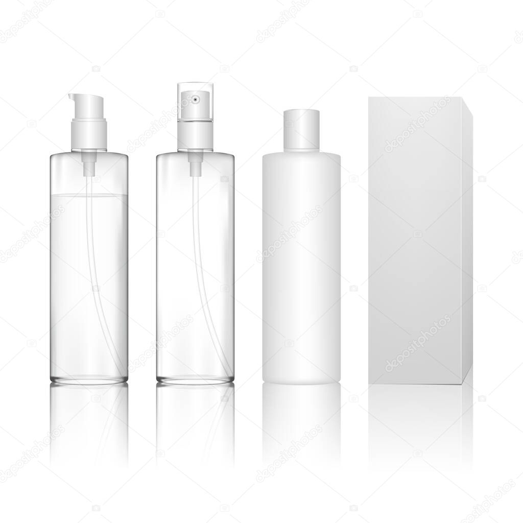 Transparent cosmetic plastic bottle with spray, dispenser pump. Liquid container for gel, lotion, shampoo, bath foam, skincare. Beauty product package. Vector illustration.