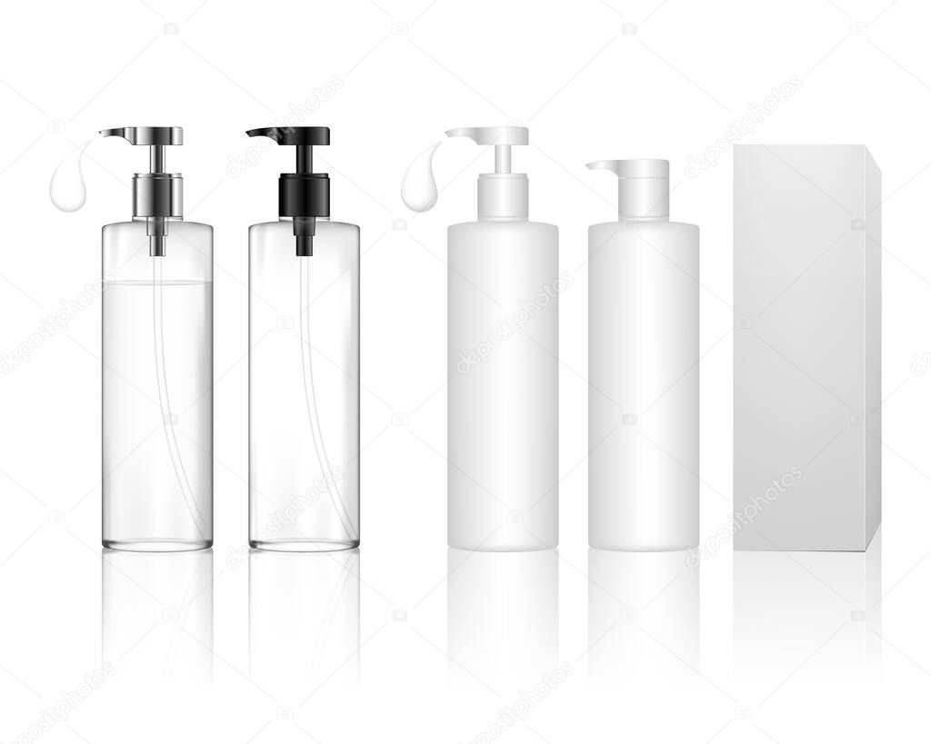 Cosmetic plastic bottle with dispenser pump and box. Skin care bottles for gel, liquid, lotion, cream, shampoo, bath foam. Beauty product package, vector illustration.