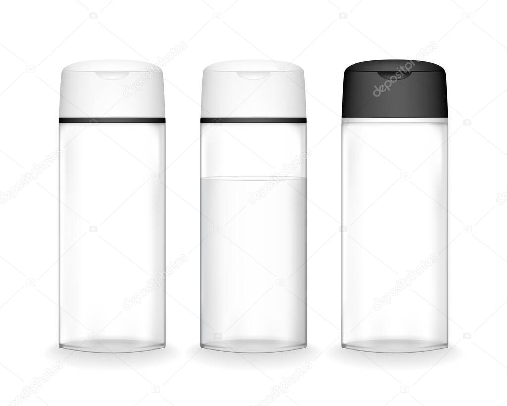 Shampoo bottle isolated on white background (transparent). Cosmetic bottle for liquid, shampoo, bath foam. Beauty product package, vector illustration.