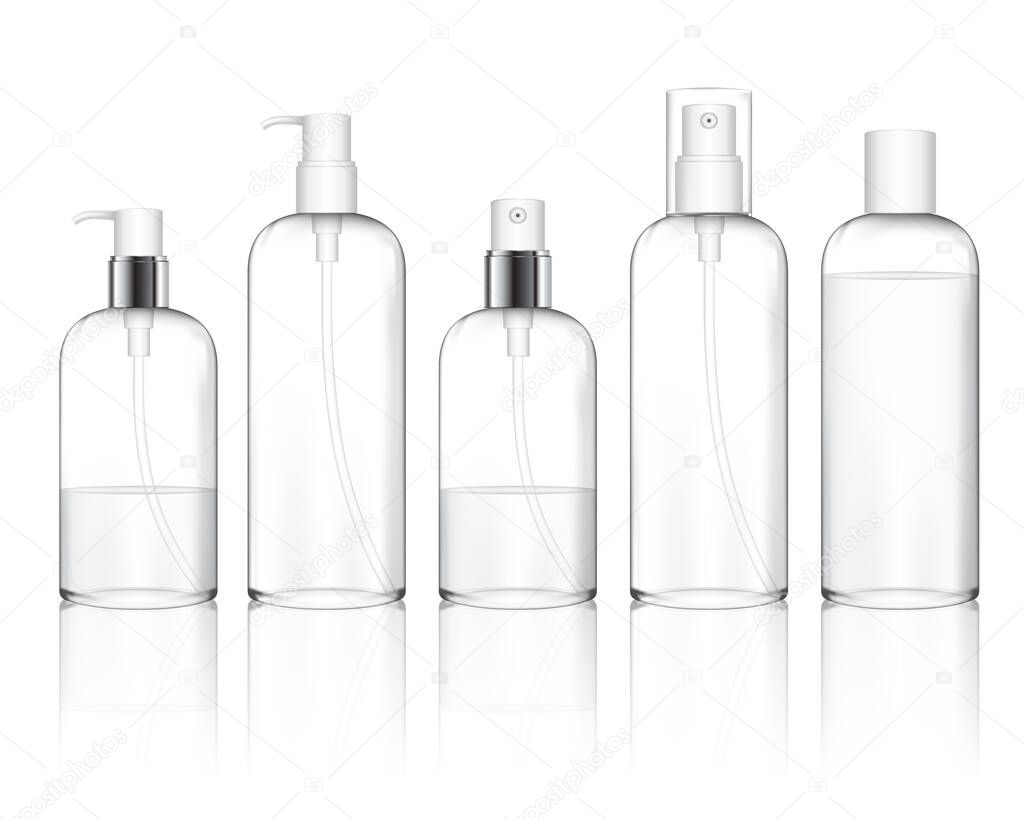 Cosmetic plastic bottle with different caps (spray, dispenser pump). Skin care bottles for gel, liquid, lotion, cream, shampoo, bath foam. Beauty product package (transparent). Vector illustration.