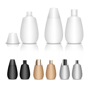 Kozmetik plastik şişe. Jöle, losyon, krem, şampuan, banyo köpüğü için sıvı konteynır. Güzellik ürünleri paketi. Vektör illüstrasyonu.