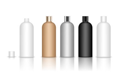 Kozmetik plastik şişe. Jöle, losyon, krem, şampuan, banyo köpüğü için sıvı konteynır. Güzellik ürünleri paketi. Vektör illüstrasyonu