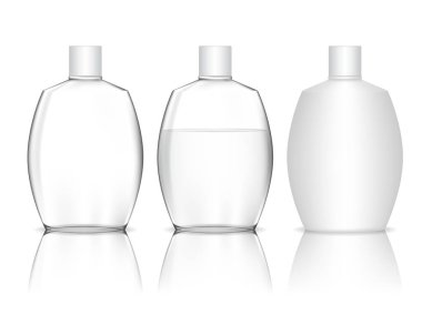 Kozmetik şeffaf plastik şişe. Jöle, losyon, krem, şampuan, banyo köpüğü için sıvı konteynır. Güzellik ürünleri paketi. Vektör illüstrasyonu.