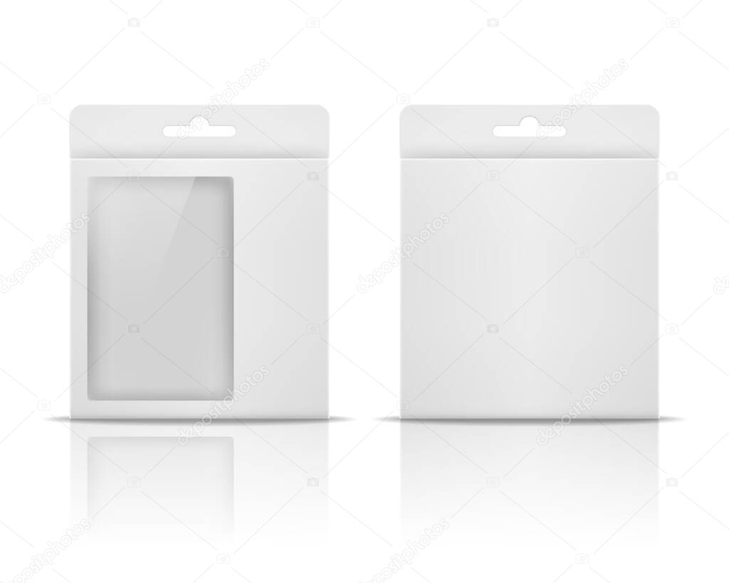 Blank paper packaging box with hanging hole isolated on white background. Product packge template. Vector illustration.