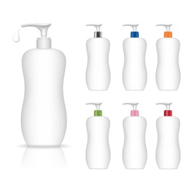 Pompalı kozmetik plastik şişe. Jöle, losyon, krem, şampuan, banyo köpüğü için sıvı konteynır. Güzellik ürünleri paketi. Vektör illüstrasyonu.