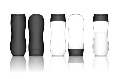 Beyaz arka planda izole edilmiş saydam şampuan şişesi. Sıvı, losyon ve banyo köpüğü için kozmetik kabı. Güzellik ürünleri paketi. Vektör illüstrasyonu.