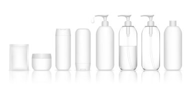 Sıvı, krem, jöle ve losyon için hazırlanmış kozmetik kabı. Şampuan Şişe Koleksiyonu. Güzellik ürünü paketi, vektör illüstrasyonu.