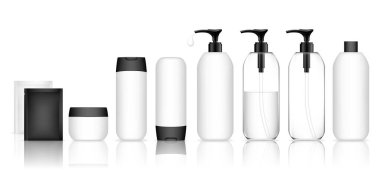 Sıvı, krem, jöle ve losyon için hazırlanmış kozmetik kabı. Şampuan Şişe Koleksiyonu. Güzellik ürünü paketi, vektör illüstrasyonu.