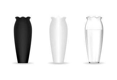 Farklı renkte seramik vazo seti (siyah, beyaz ve şeffaf). Vektör illüstrasyonu.