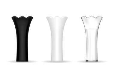 Farklı renkte seramik vazo seti (siyah, beyaz ve şeffaf). Vektör illüstrasyonu.