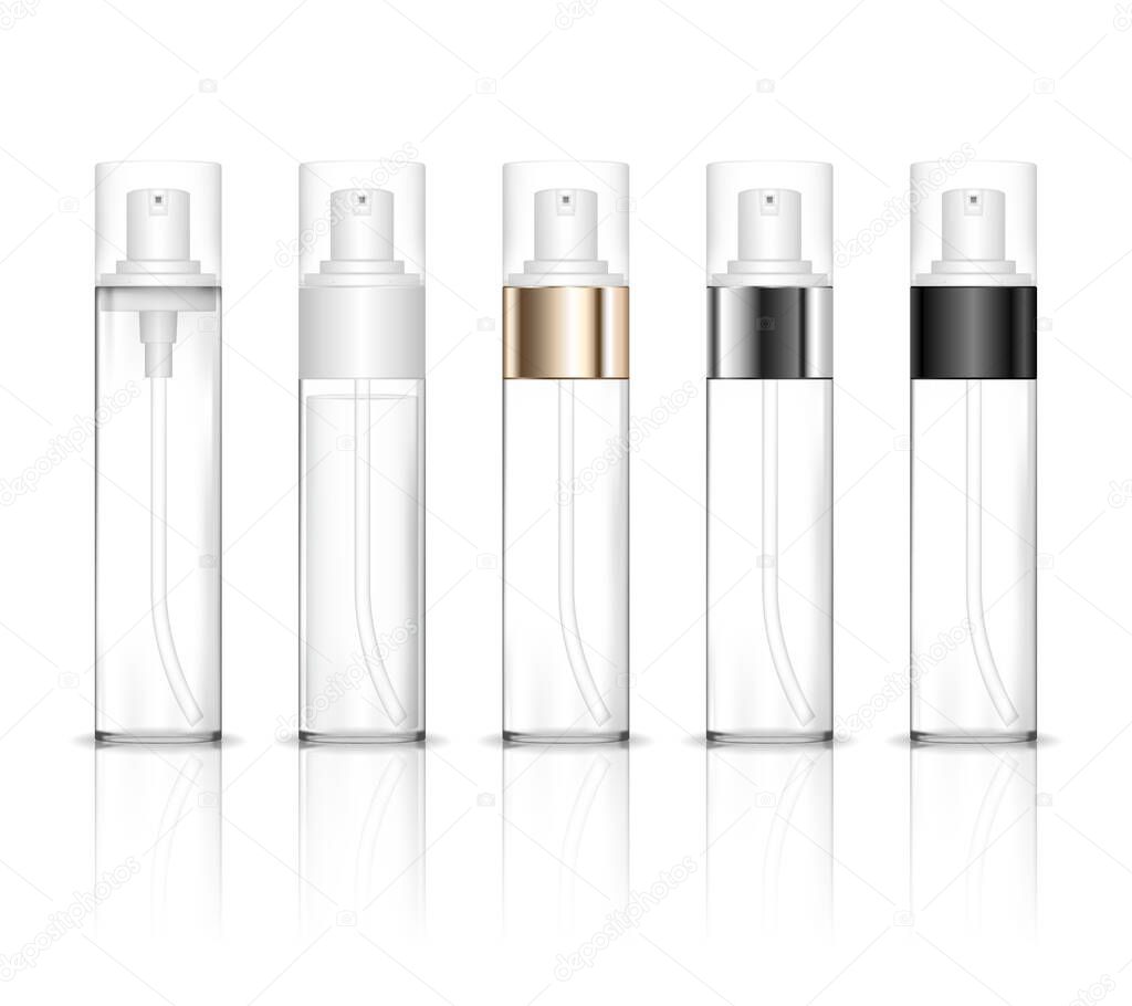 Transparent cosmetic plastic bottle with dispenser pump. Liquid container for gel, lotion, cream, shampoo, bath foam. Beauty product package. Vector illustration.