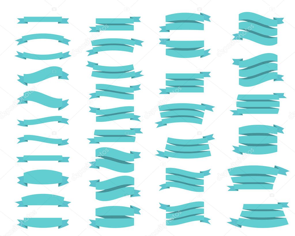 Flat ribbons banners isolated on white background. Collection of turquoise tape. Vector Illustration.
