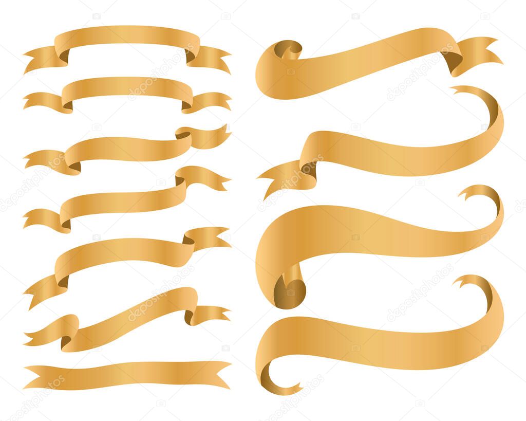 Gold ribbons banners isolated on white background. Collection of cute tape. Vector Illustration.