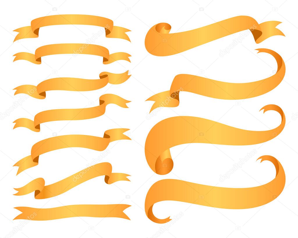 Yellow ribbons banners isolated on white background. Collection of cute tape. Vector Illustration.