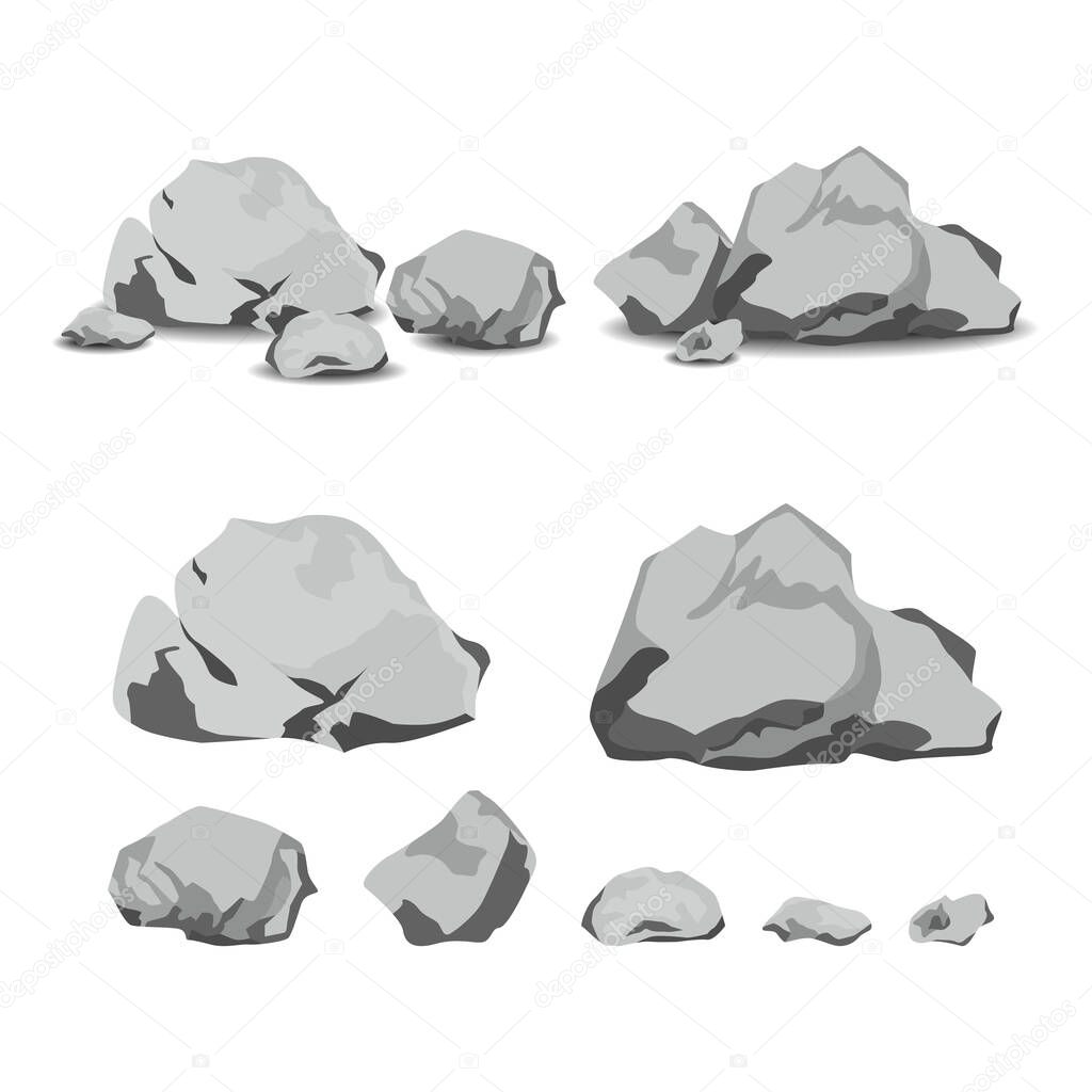 Set of rocks and stones in cartoon style isolated on white background. Vector Illustration.