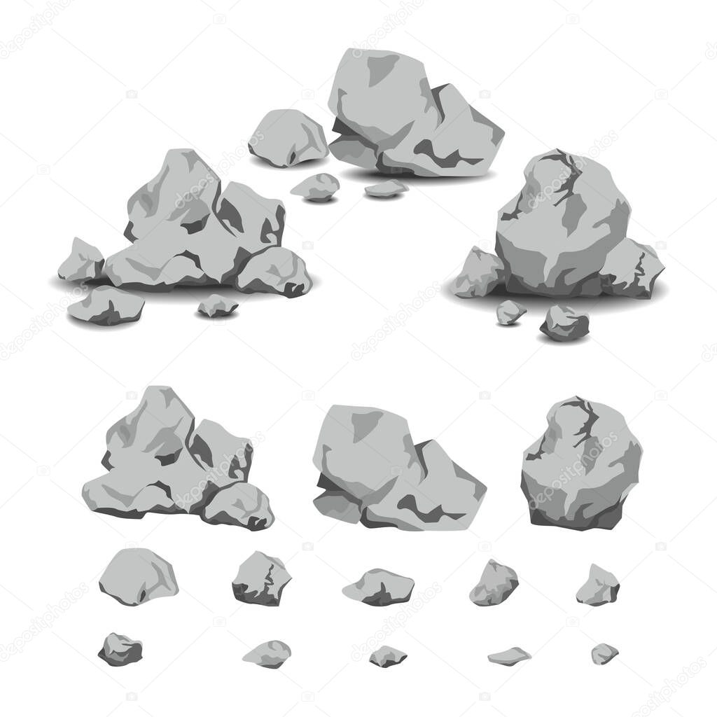 Set of rocks and stones in cartoon style isolated on white background. Vector Illustration.