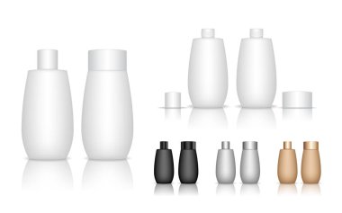 Kozmetik şişesi. Jöle, losyon, krem, şampuan, banyo köpüğü için sıvı konteynır. Güzellik ürünleri paketi. Vektör illüstrasyonu.