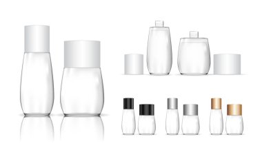 Kozmetik şeffaf şişe. Jöle, losyon, krem, şampuan, banyo köpüğü için sıvı konteynır. Güzellik ürünleri paketi. Vektör illüstrasyonu.