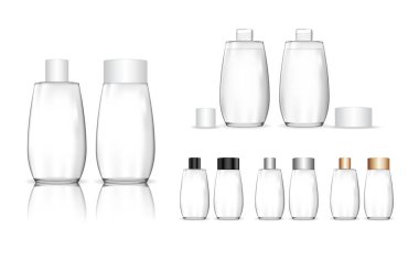 Kozmetik şeffaf şişe. Jöle, losyon, krem, şampuan, banyo köpüğü için sıvı konteynır. Güzellik ürünleri paketi. Vektör illüstrasyonu.