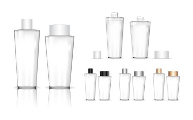Kozmetik şeffaf şişe. Jöle, losyon, krem, şampuan, banyo köpüğü için sıvı konteynır. Güzellik ürünleri paketi. Vektör illüstrasyonu.