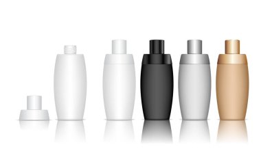 Kozmetik şişesi. Jöle, losyon, krem, şampuan, banyo köpüğü için sıvı konteynır. Güzellik ürünleri paketi. Vektör illüstrasyonu.