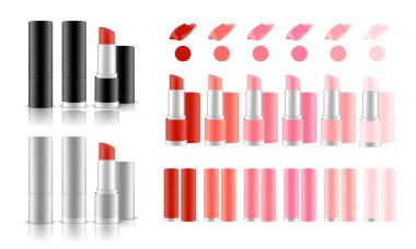 Farklı renkte ruj koleksiyonu. Renkli dudak parlatıcısı lekeleri. Makyaj ürünleri paketi. Vektör illüstrasyonu.