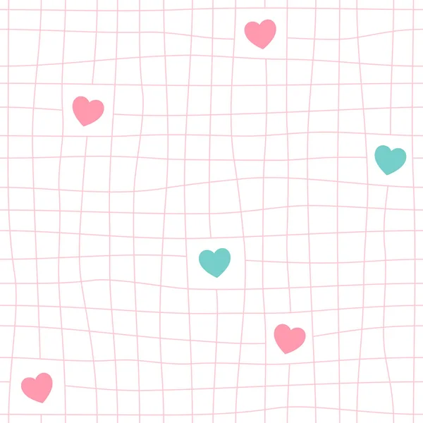 メッシュとかわいい心の形シームレスなパターン 手描きピンクグリッドラインの背景 ピンクとターコイズ ベクターイラスト — ストックベクタ