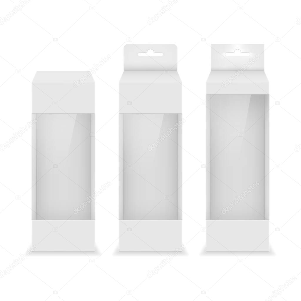 Paper white packaging box with transparent window and hanging hole. Blank product package template. Vector illustration.
