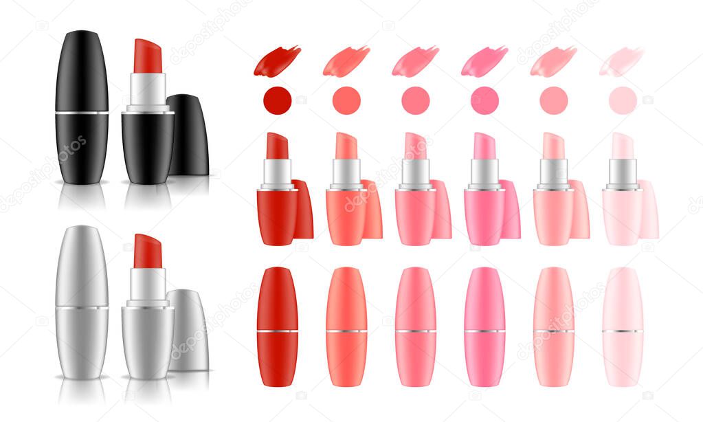 Collection of lipstick with different color shade. Colorful lip gloss smudges. Makeup cosmetic product package. Vector illustration.