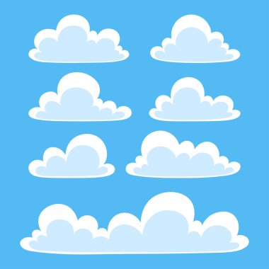 Mavi gökyüzünde düz bulutlar belirdi. Vektör İllüstrasyonu.