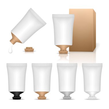 Kozmetik plastik tüp beyaz arka planda izole edilmiş. Jöle, sıvı, losyon ve krem için cilt bakımı şişeleri. Güzellik ürünleri paketi. Vektör illüstrasyonu.