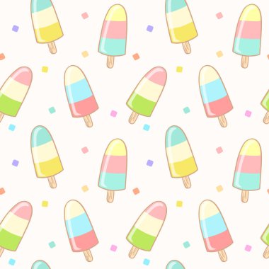 Renkli dondurmayla kusursuz bir desen. Tatlı duvar kâğıdı arka planı güzelmiş. Vektör İllüstrasyonu.