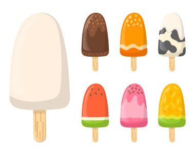 Tasarım için tatlı tatlı şablonu ve farklı tat ve tepsi içeren lezzetli renkli dondurma koleksiyonu. Vektör İllüstrasyonu