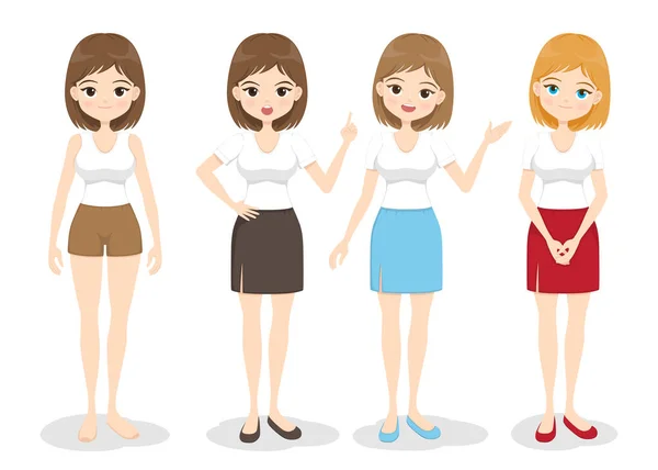 Mujer Joven Pie Diferentes Poses Color Pelo Vestido Chica Plana — Vector de stock