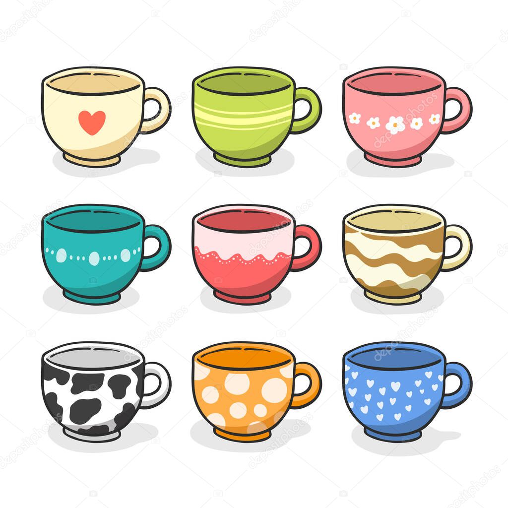 Collection of cute coffee cup. Hand drawn vintage mug set. Vector Illustration.