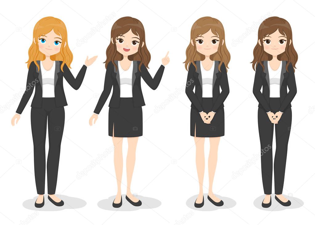 Young business woman in office clothes with different hand poses and color of hair. Flat cartoon girl in formal uniform (dress, pants, suit). Vector illustration.