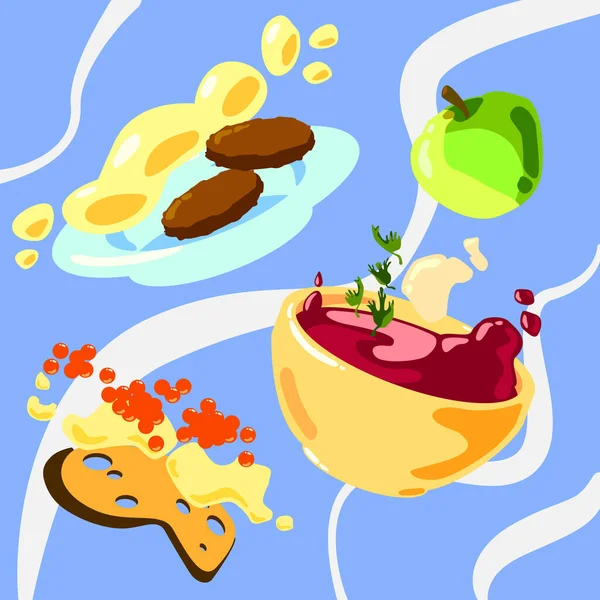 Öğle Yemeği Borç Havyarlı Sandviç Pirzola Elma Püresi — Stok Vektör