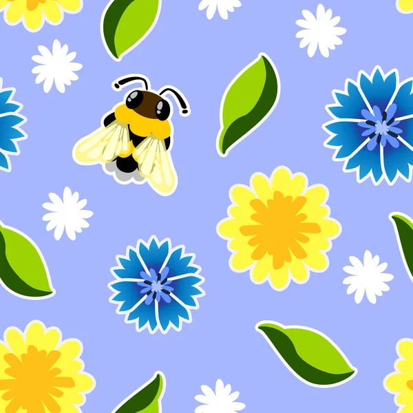 Μοτίβο Μέλισσα Και Λουλούδια Μπλε Φόντο — Διανυσματικό Αρχείο