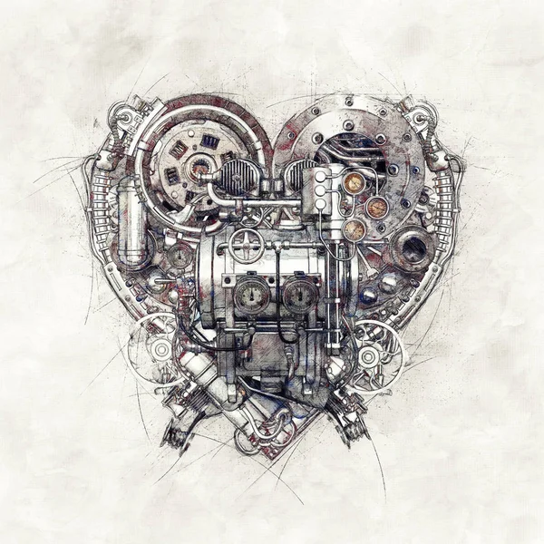 Szkic techniczny mechaniczne serce, 3d ilustracja — Zdjęcie stockowe