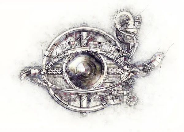Skizze eines technisch-mechanischen Auges, 3D-Illustration Stockbild
